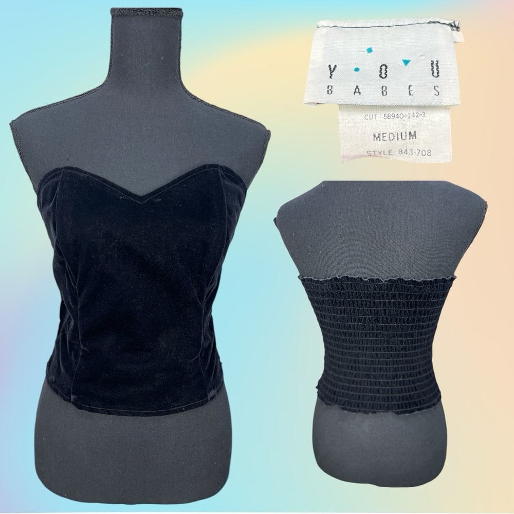 Vtg 90s YOU BABES Black Velveteen Sweetheart Crop Pullover Corset top Sz Med